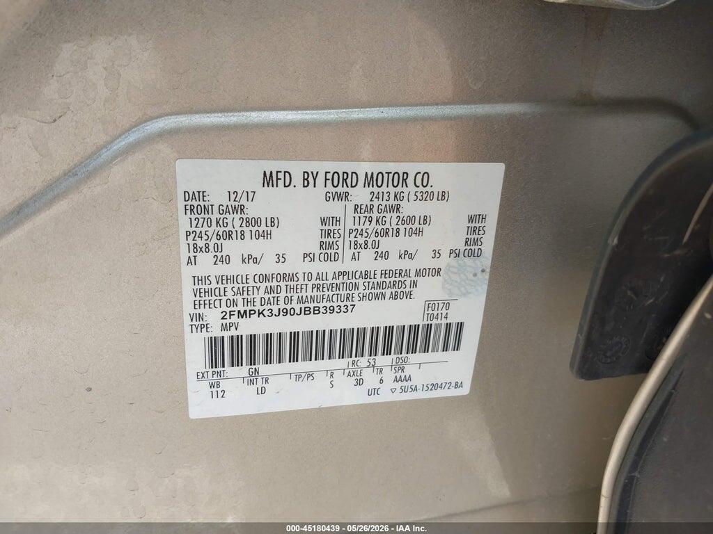 2FMPK3J90JBB39337 2018 FORD EDGE photo no. 9