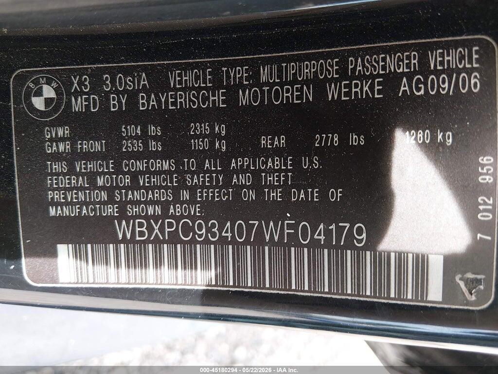 WBXPC93407WF04179 2007 BMW X3 photo no. 9