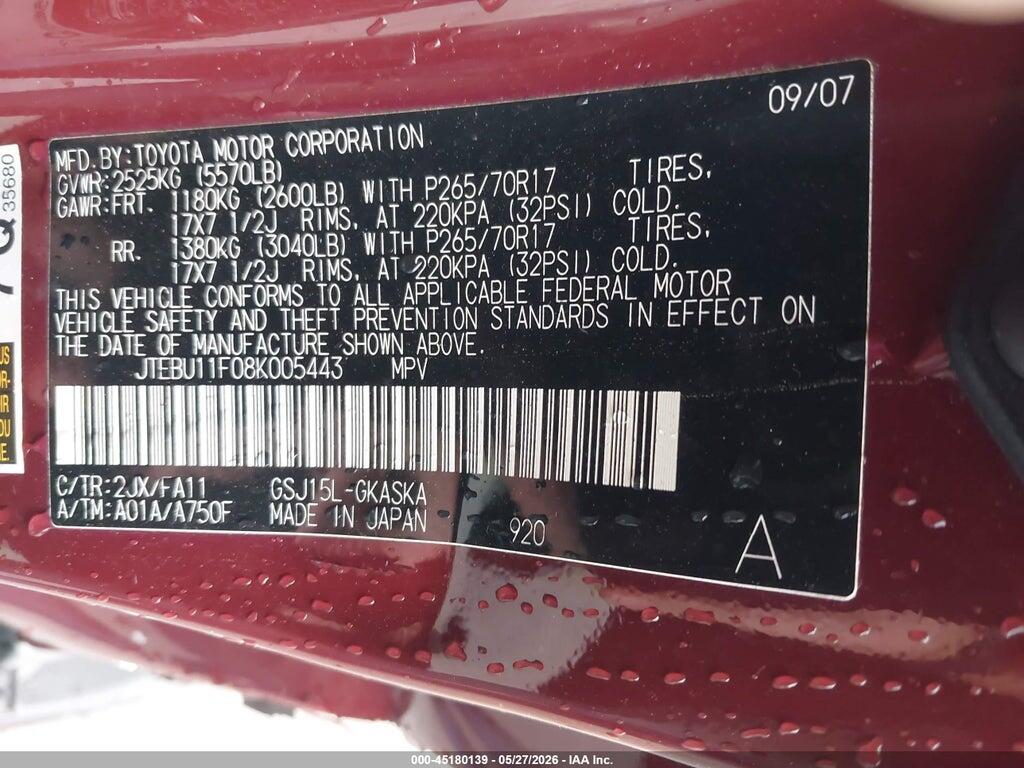 JTEBU11F08K005443 2008 TOYOTA FJ CRUISER photo no. 9
