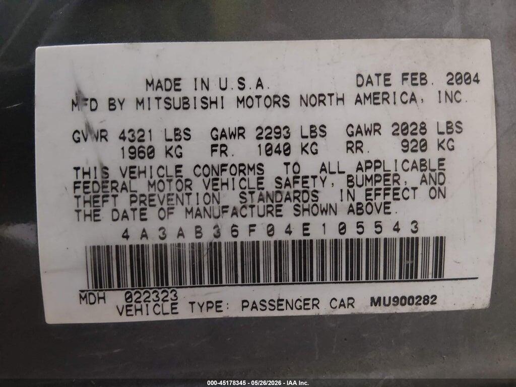 4A3AB36F04E105543 2004 MITSUBISHI GALANT photo no. 9