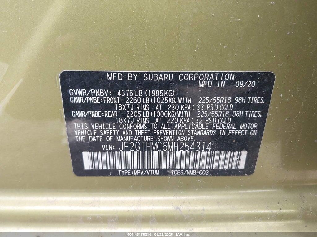 JF2GTHMC6MH254314 2021 SUBARU CROSSTREK photo no. 9