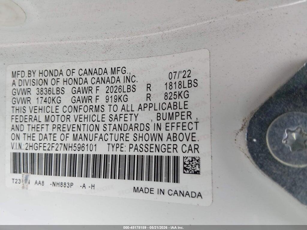 2HGFE2F27NH596101 2022 HONDA CIVIC photo no. 9