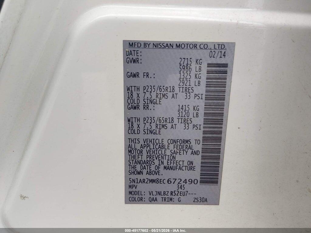 5N1AR2MM8EC672490 2014 NISSAN PATHFINDER photo no. 9