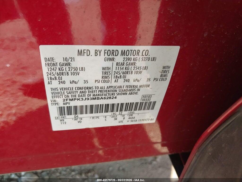 2FMPK3J93MBA62824 2021 FORD EDGE photo no. 9