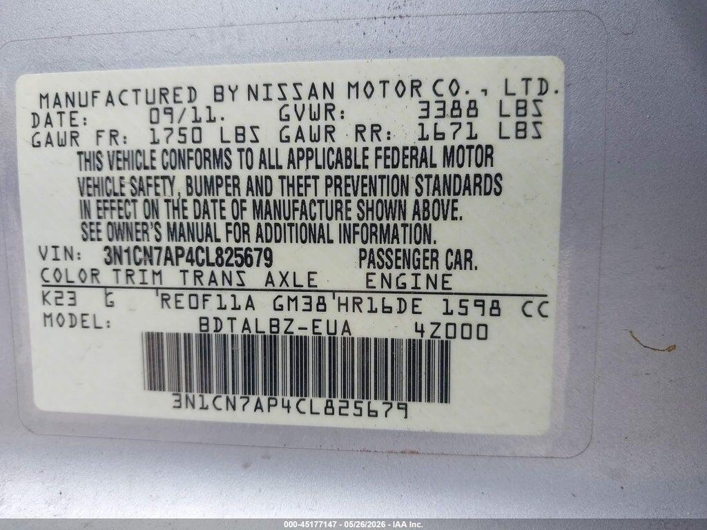 3N1CN7AP4CL825679 2012 NISSAN VERSA photo no. 9