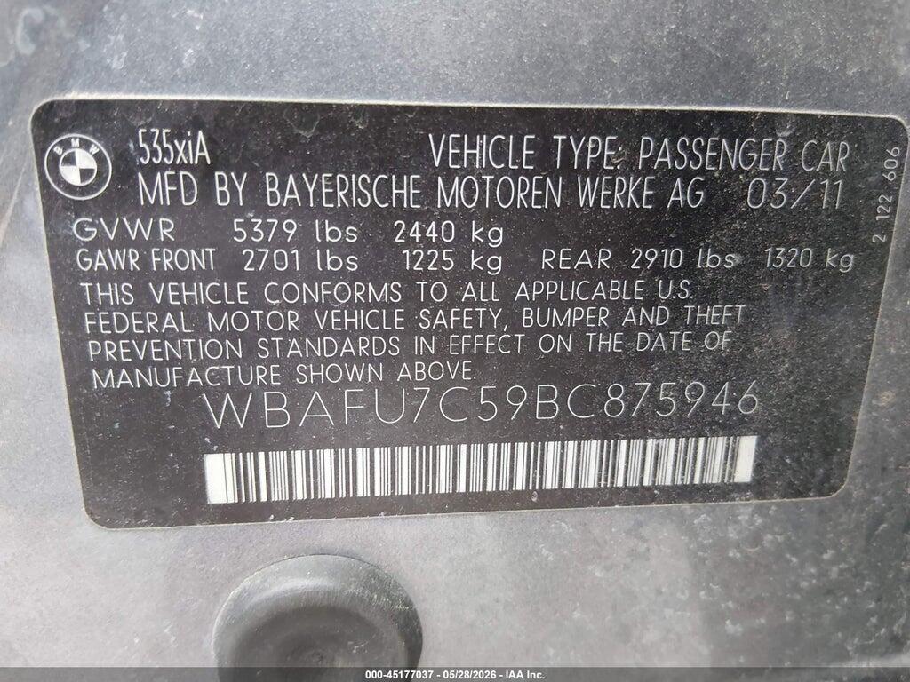 WBAFU7C59BC875946 2011 BMW 535I photo no. 9