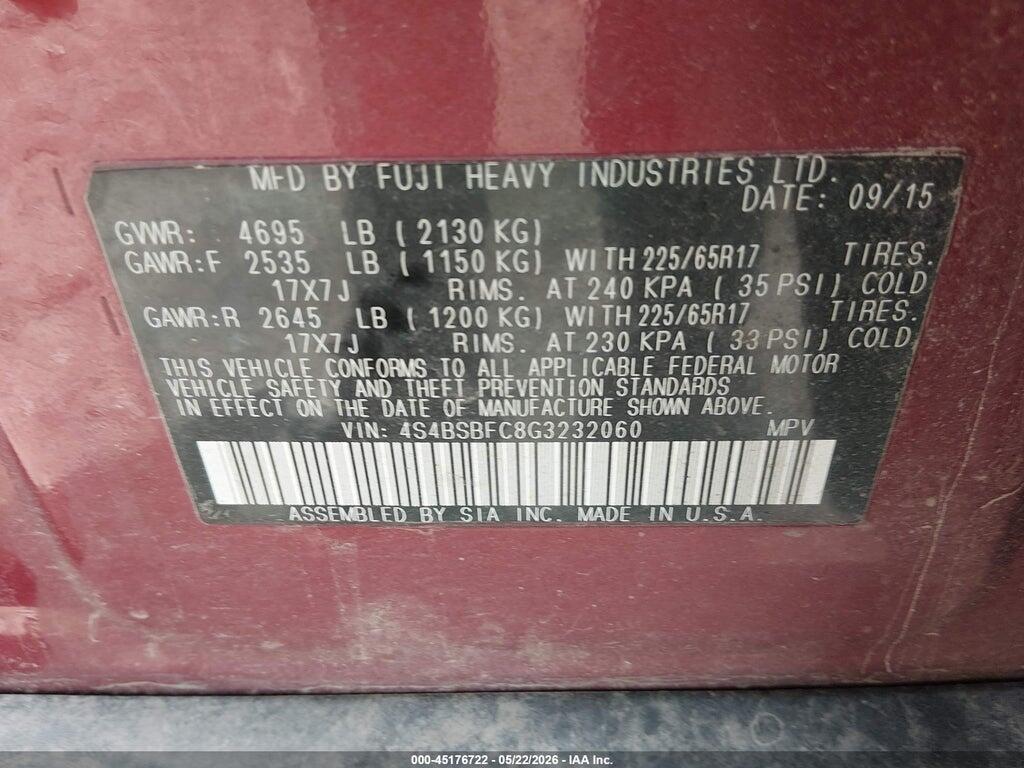4S4BSBFC8G3232060 2016 SUBARU OUTBACK photo no. 9