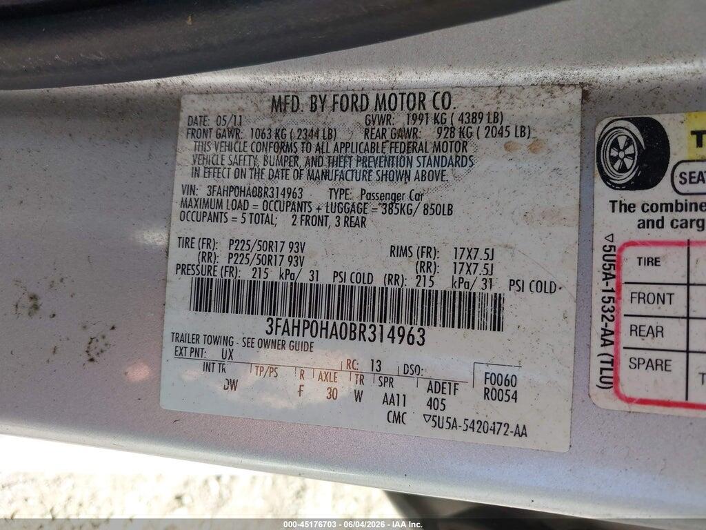 3FAHP0HA0BR314963 2011 FORD FUSION photo no. 9