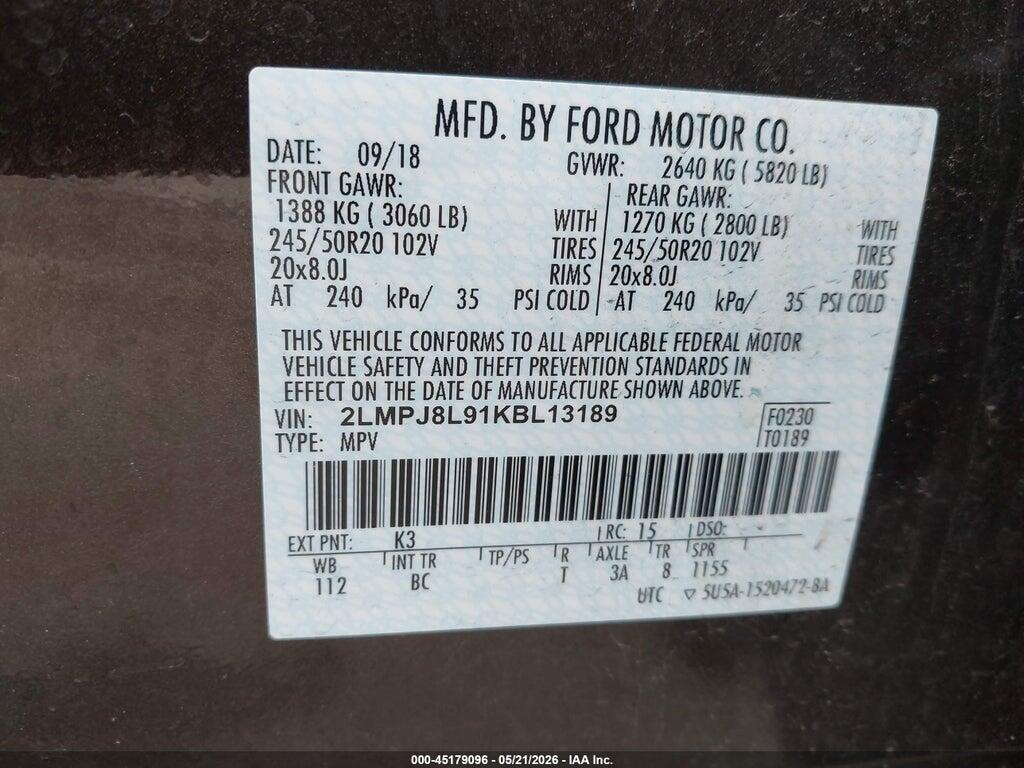 2LMPJ8L91KBL13189 2019 LINCOLN NAUTILUS photo no. 9