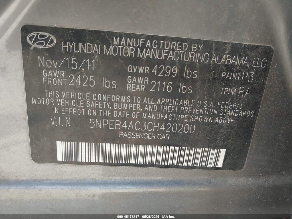 5NPEB4AC3CH420200 2012 HYUNDAI SONATA photo no. 9
