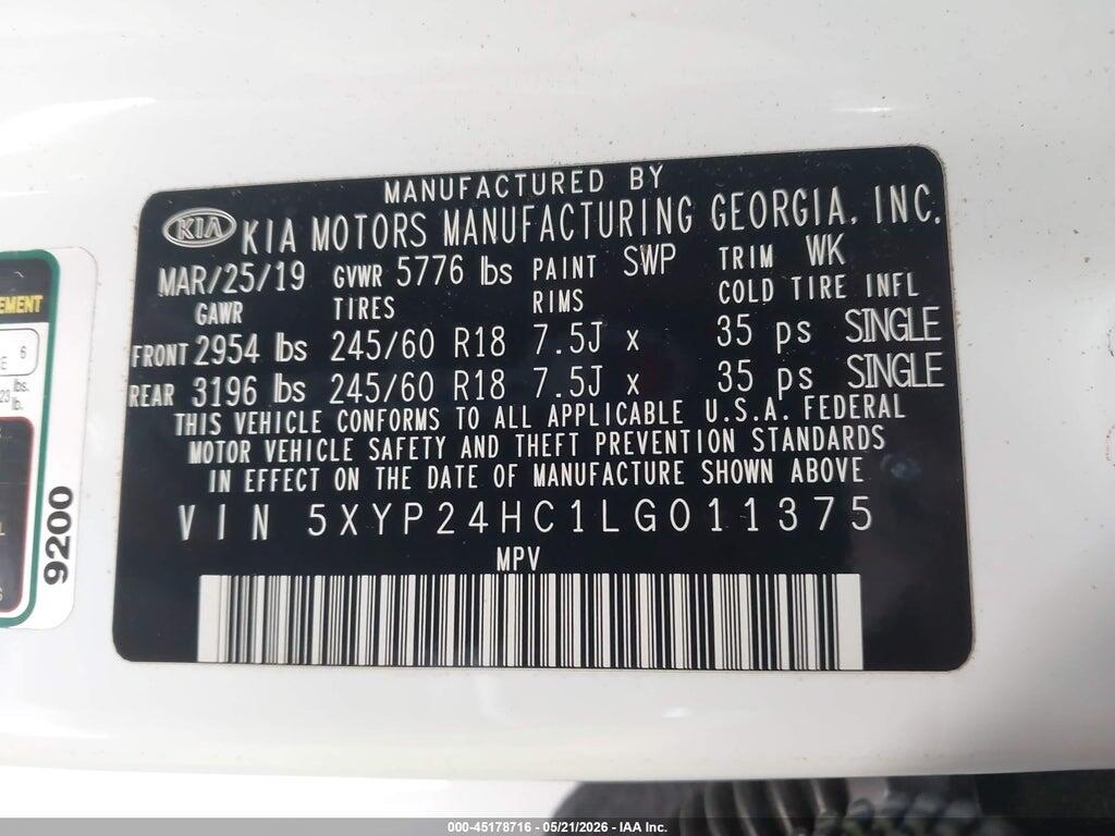 5XYP24HC1LG011375 2020 KIA TELLURIDE photo no. 9