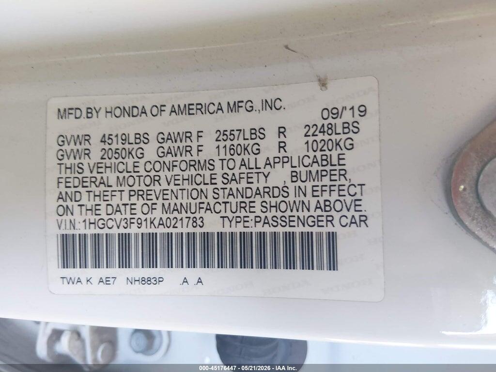 1HGCV3F91KA021783 2019 HONDA ACCORD HYBRID photo no. 9