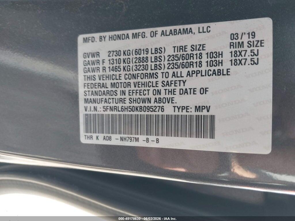 5FNRL6H50KB095276 2019 HONDA ODYSSEY photo no. 9