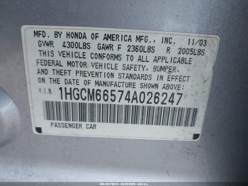 1HGCM66574A026247 2004 HONDA ACCORD photo no. 9