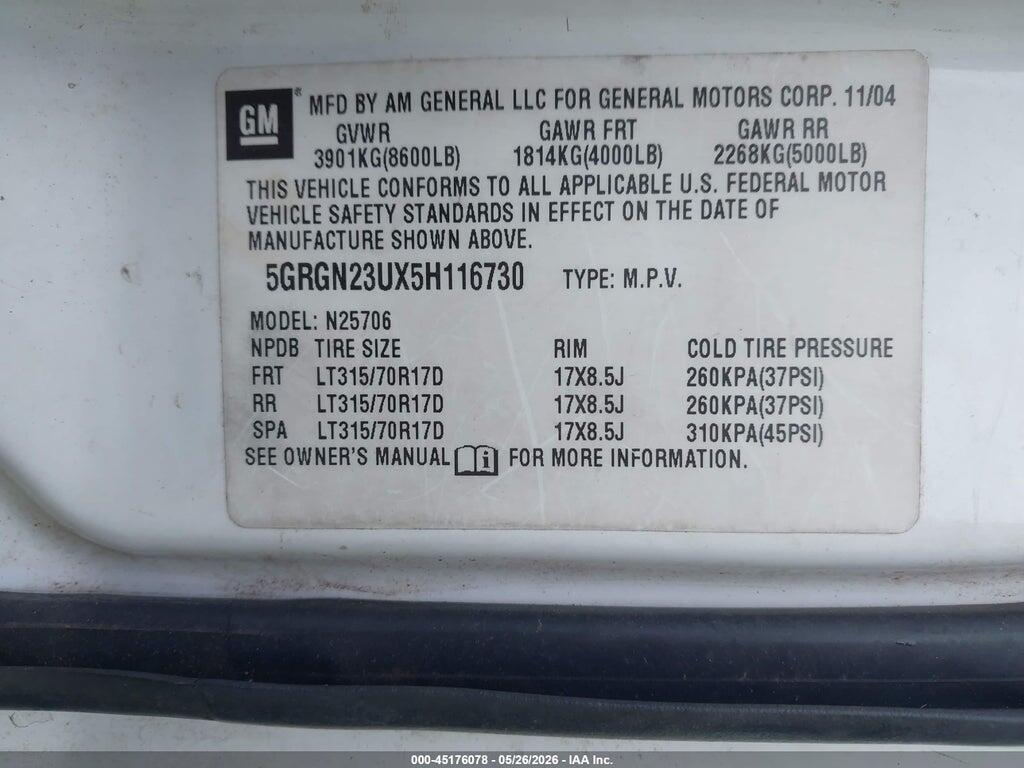 5GRGN23UX5H116730 2005 HUMMER H2 SUV photo no. 9