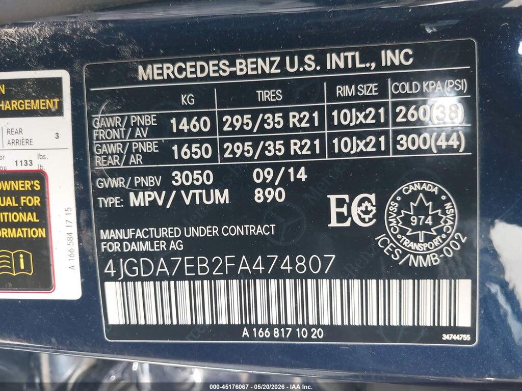 4JGDA7EB2FA474807 2015 MERCEDES-BENZ ML 63 AMG photo no. 9