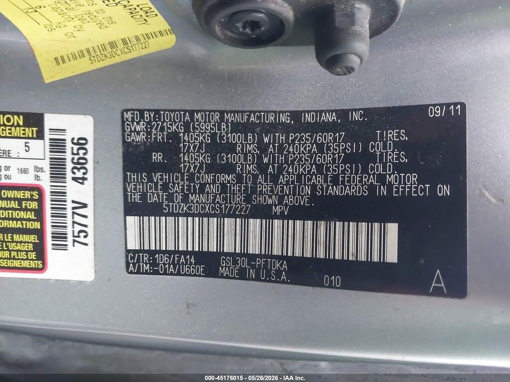 5TDZK3DCXCS177227 2012 TOYOTA SIENNA photo no. 9