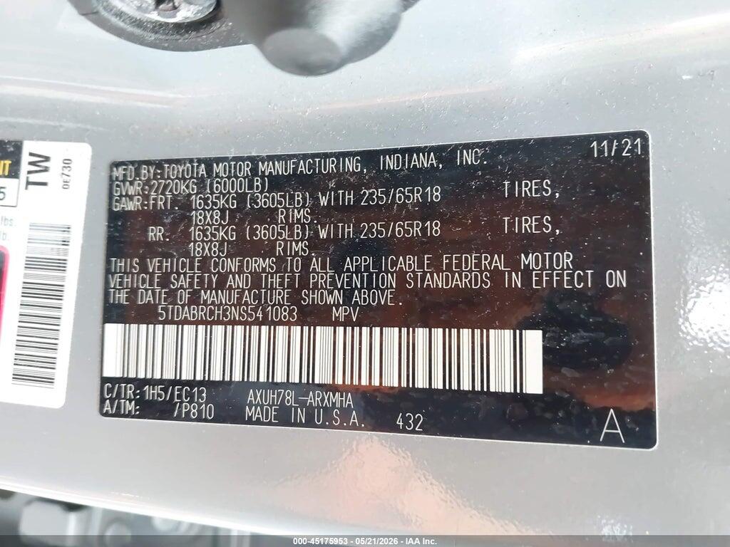 5TDABRCH3NS541083 2022 TOYOTA HIGHLANDER photo no. 9