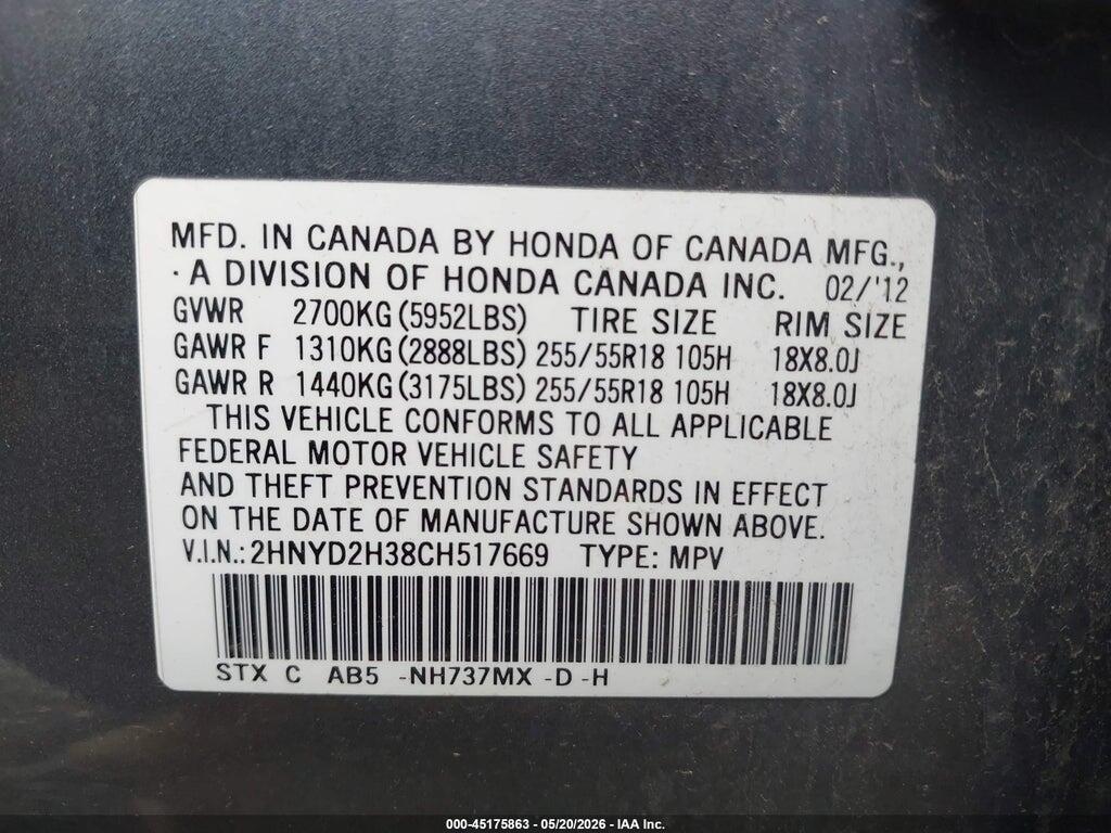 2HNYD2H38CH517669 2012 ACURA MDX photo no. 9