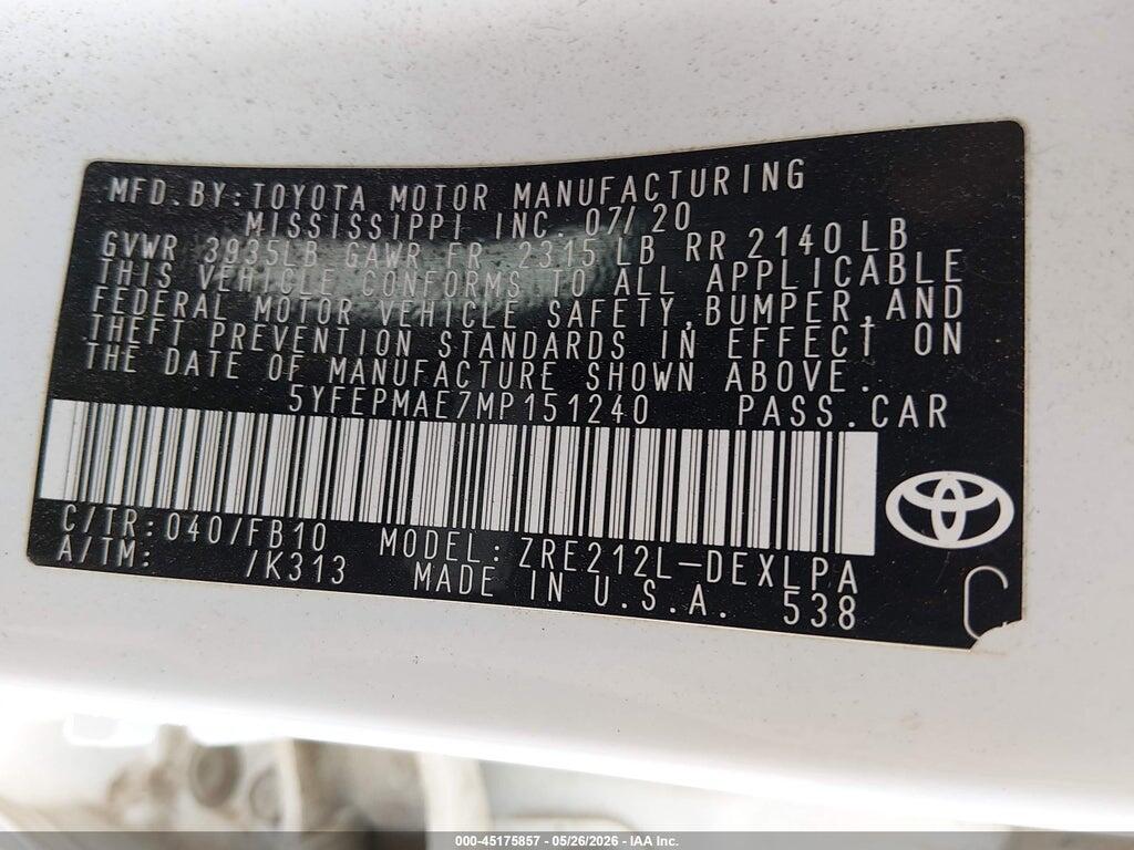 5YFEPMAE7MP151240 2021 TOYOTA COROLLA photo no. 9