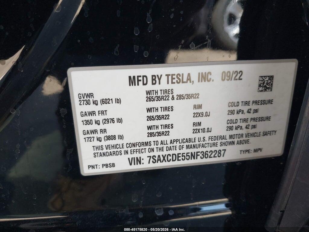 7SAXCDE55NF362287 2022 TESLA MODEL X photo no. 9