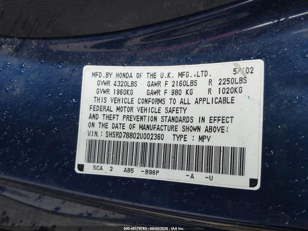 SHSRD78802U002360 2002 HONDA CR-V photo no. 9