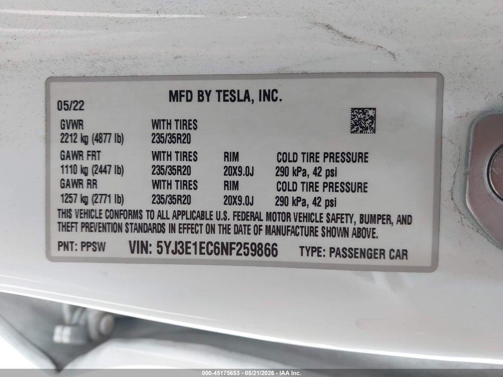 5YJ3E1EC6NF259866 2022 TESLA MODEL 3 photo no. 9