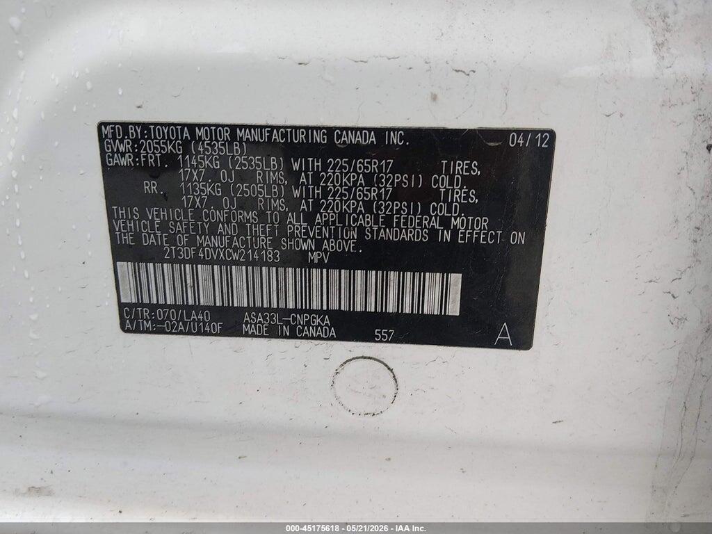 2T3DF4DVXCW214183 2012 TOYOTA RAV4 photo no. 9