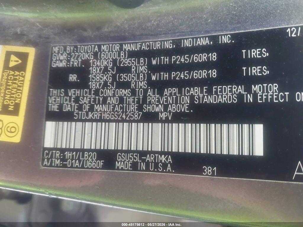 5TDJKRFH6GS242587 2016 TOYOTA HIGHLANDER photo no. 9