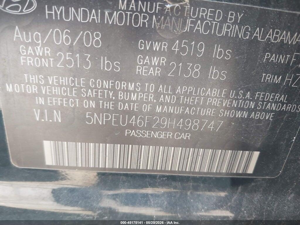 5NPEU46F29H498747 2009 HYUNDAI SONATA photo no. 9