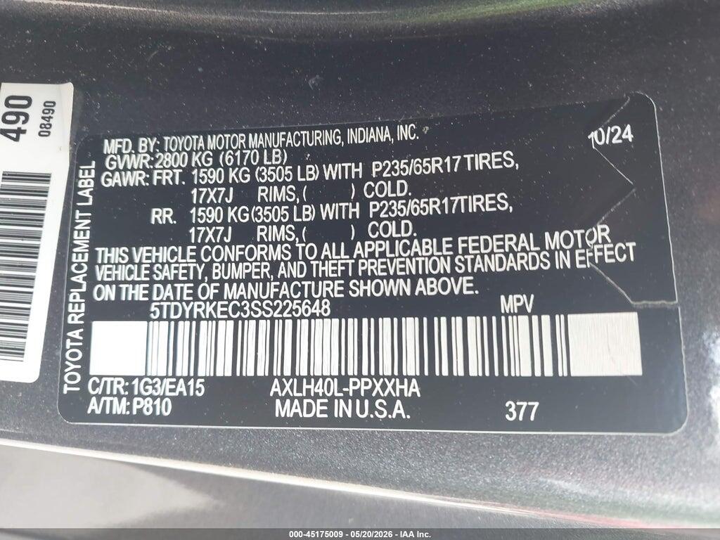 5TDYRKEC3SS225648 2025 TOYOTA SIENNA photo no. 9