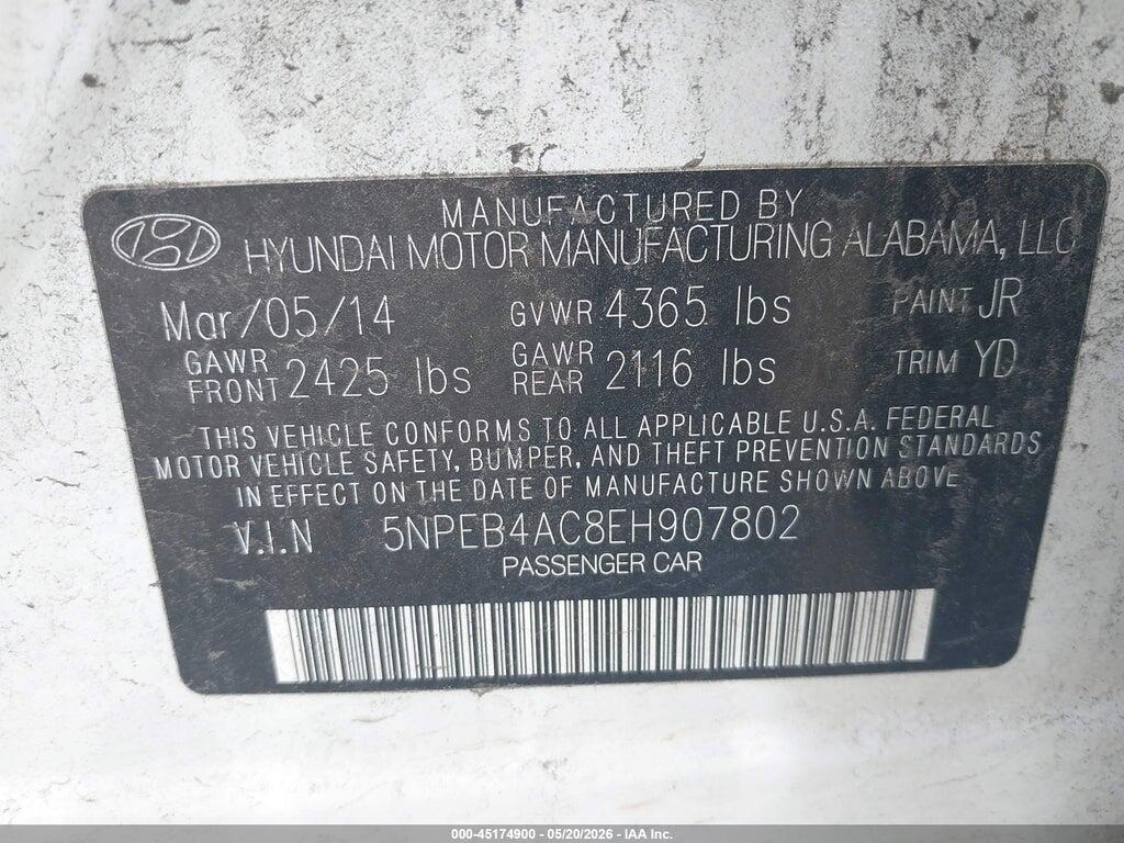 5NPEB4AC8EH907802 2014 HYUNDAI SONATA photo no. 9