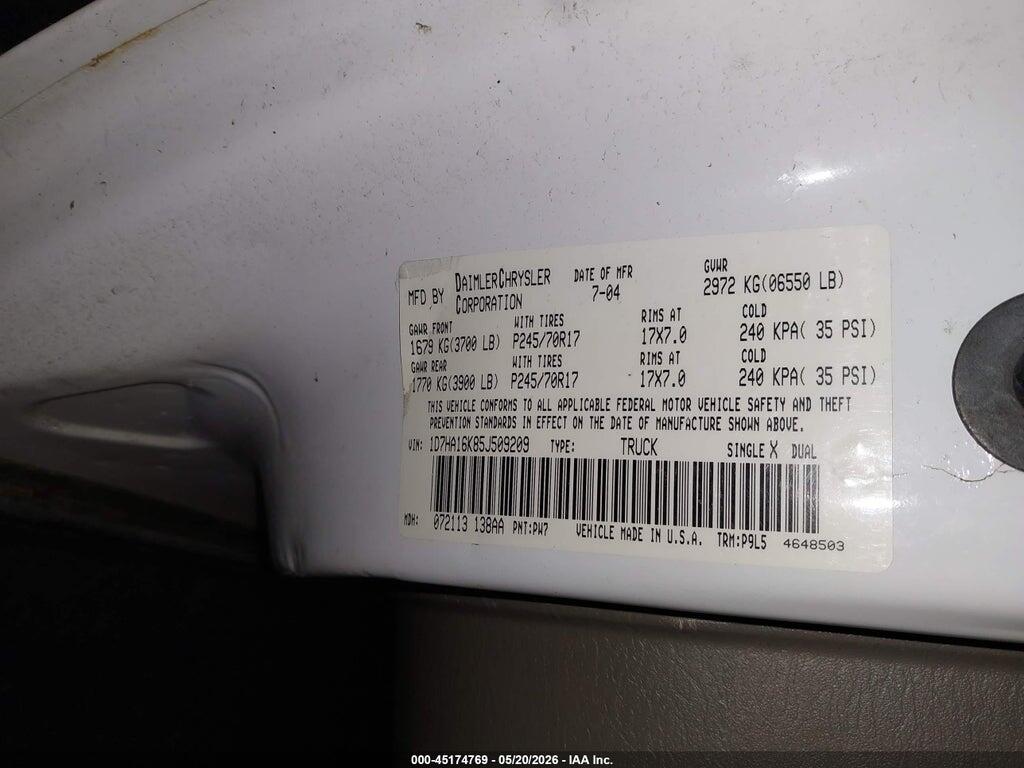 1D7HA16K85J509209 2005 DODGE RAM 1500 photo no. 9