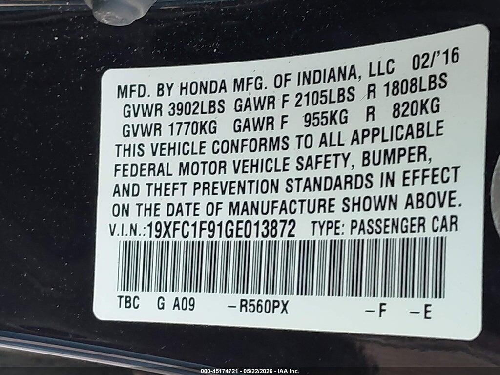 19XFC1F91GE013872 2016 HONDA CIVIC photo no. 9