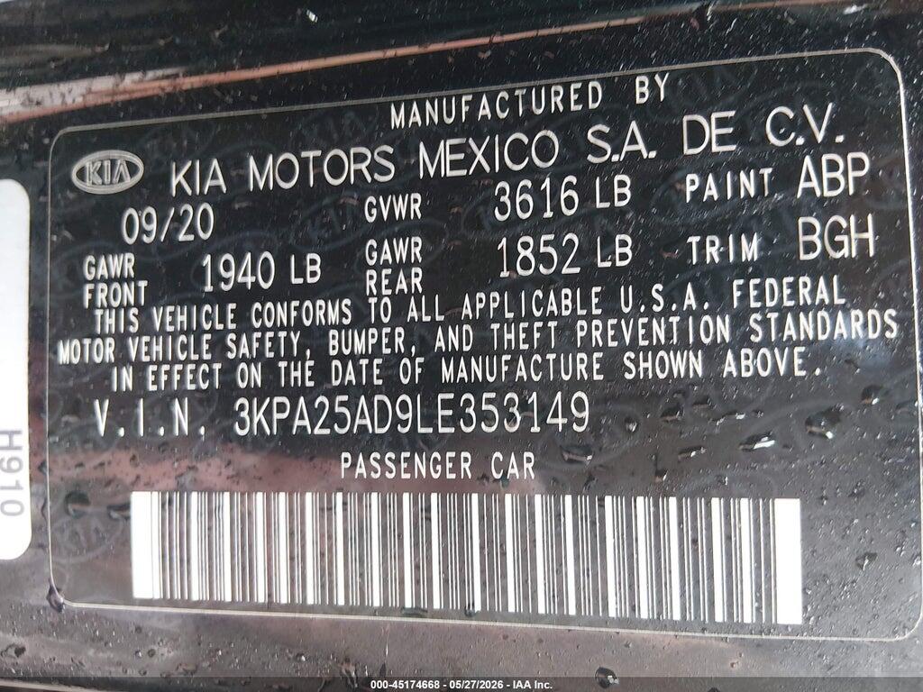 3KPA25AD9LE353149 2020 KIA RIO 5-DOOR photo no. 9