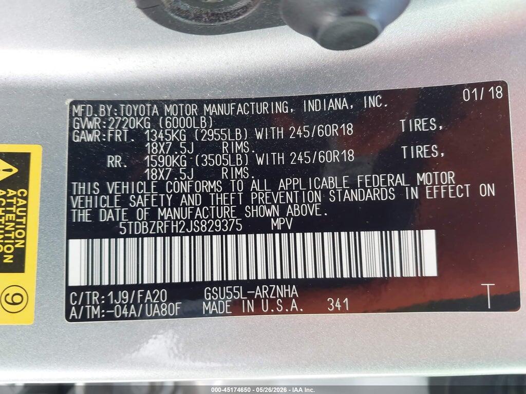 5TDBZRFH2JS829375 2018 TOYOTA HIGHLANDER photo no. 9