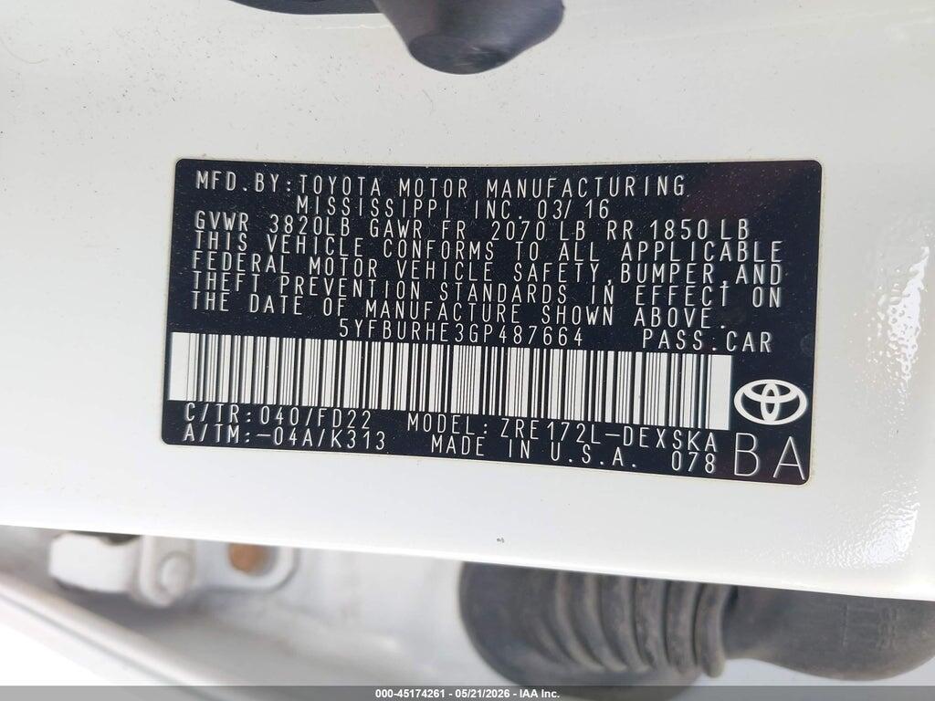 5YFBURHE3GP487664 2016 TOYOTA COROLLA photo no. 9