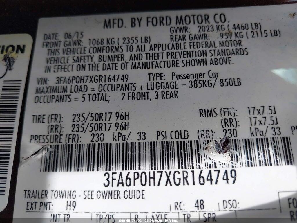 3FA6P0H7XGR164749 2016 FORD FUSION photo no. 9