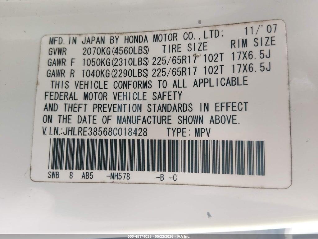 JHLRE38568C018428 2008 HONDA CR-V photo no. 9