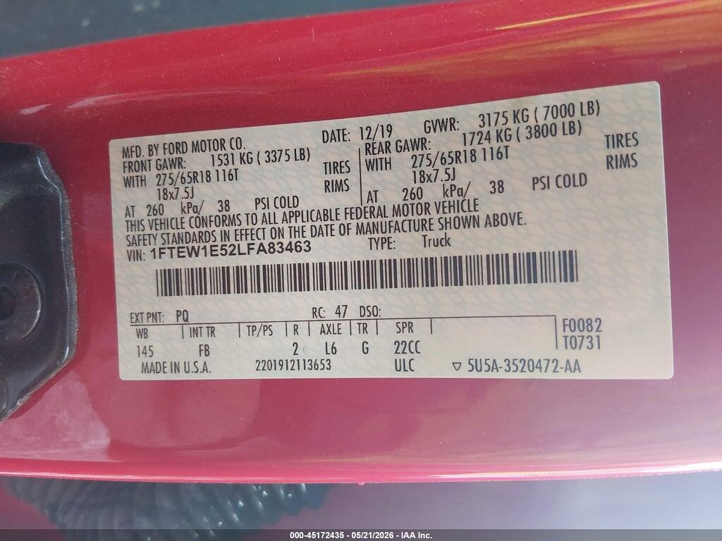 1FTEW1E52LFA83463 2020 FORD F-150 photo no. 9