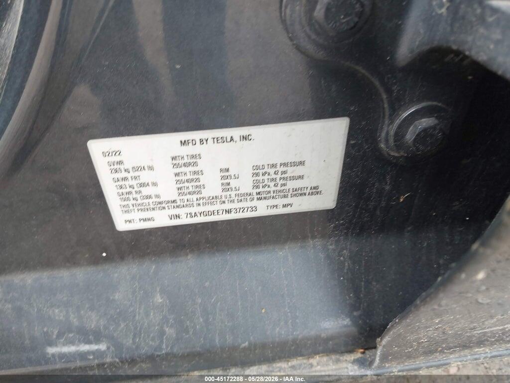 7SAYGDEE7NF372733 2022 TESLA MODEL Y photo no. 9