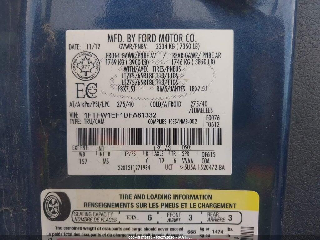 1FTFW1EF1DFA81332 2013 FORD F-150 photo no. 9