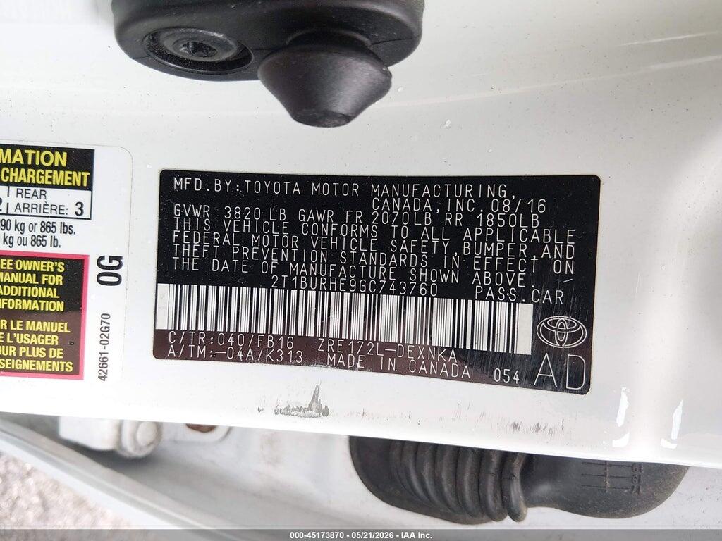 2T1BURHE9GC743760 2016 TOYOTA COROLLA photo no. 8