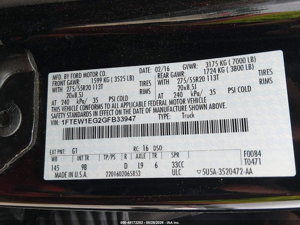 1FTEW1EG2GFB33947 2016 FORD F-150 photo no. 9