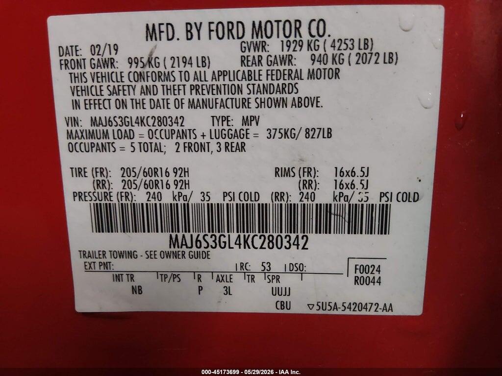 MAJ6S3GL4KC280342 2019 FORD ECOSPORT photo no. 9