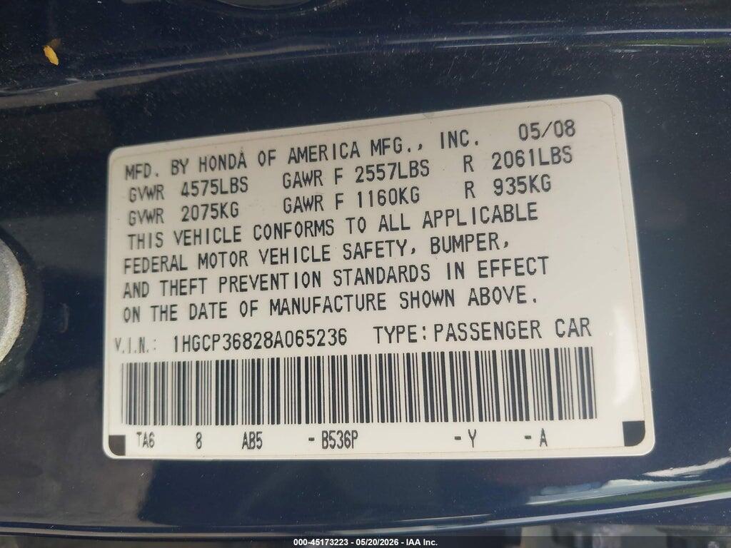 1HGCP36828A065236 2008 HONDA ACCORD photo no. 9