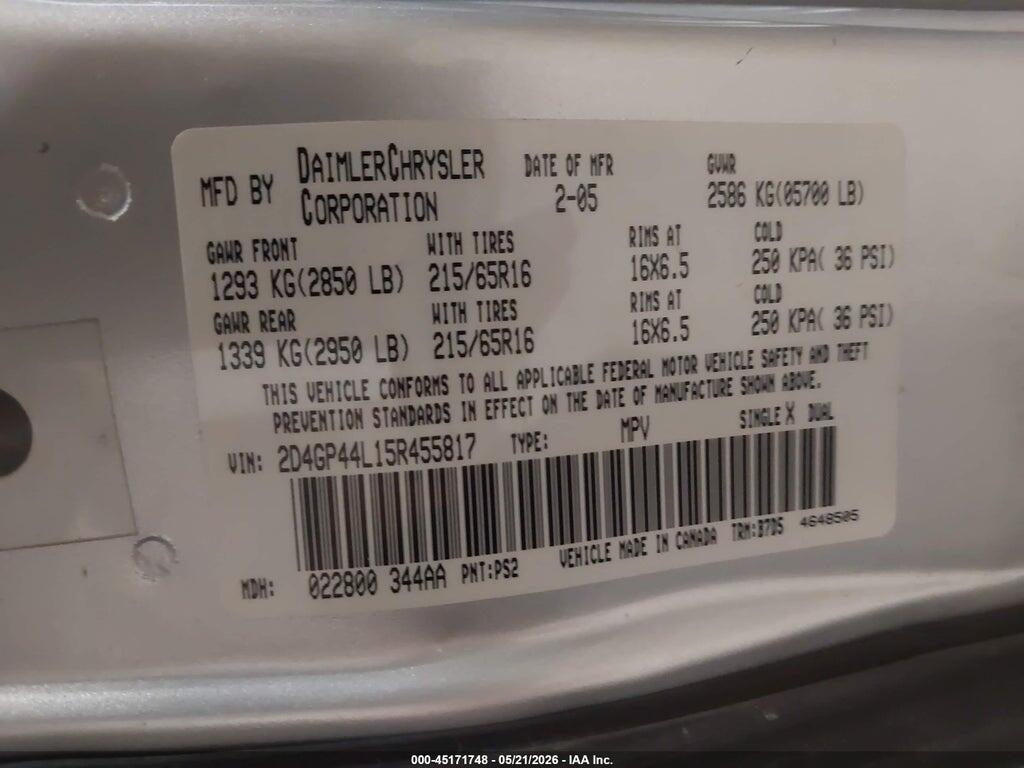 2D4GP44L15R455817 2005 DODGE GRAND CARAVAN photo no. 9