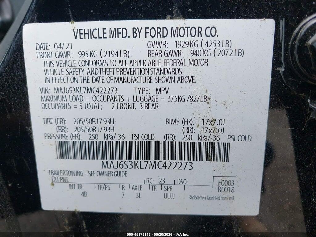 MAJ6S3KL7MC422273 2021 FORD ECOSPORT photo no. 9