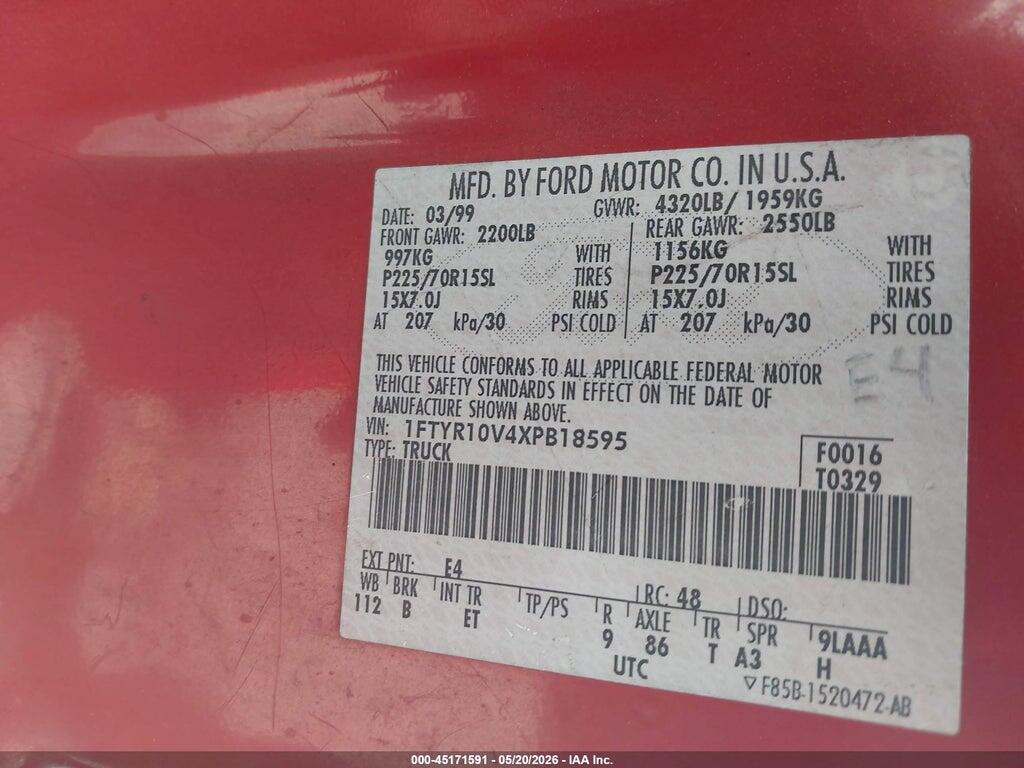 1FTYR10V4XPB18595 1999 FORD RANGER photo no. 9