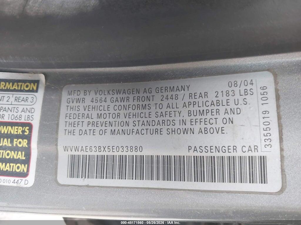 WVWAE63BX5E033880 2005 VOLKSWAGEN PASSAT photo no. 9